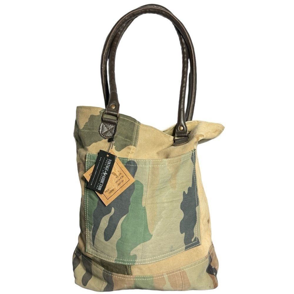 Vintage Addiction Recycled Military Tent Canvas Leather Camo Large Tote Bag New